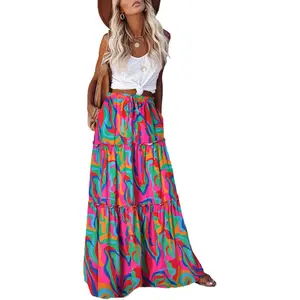 EARKOHA Women's Bohemian Chic Fitted Tiered High-Waist Tie Paisley Print Long Maxi Skirt with Pockets - Casual Boho Outfits Clothes, Colorful Printed Skirts, Women's Bottom 65608 (Summervibes, Outdoorfun),summerwins