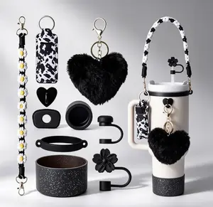 Cow Print Aesthetic Reusable Tumbler Accessories Set for 30oz-40oz Cups - Silicone Boot, Straw Topper, Handle Strap, Cup Decor, 1 Daisy Keychain (Personalized Gift Option)