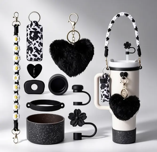 Cow Print Aesthetic Reusable Tumbler Accessories Set for 30oz-40oz Cups - Silicone Boot, Straw Topper, Handle Strap, Cup Decor, 1 Daisy Keychain (Personalized Gift Option)