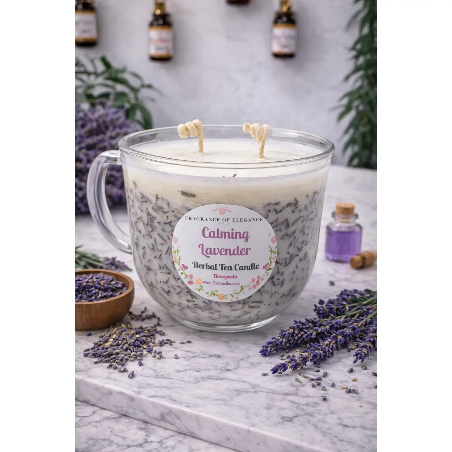 Lavender herbal tea candle made with essential oil 90 hour burn time