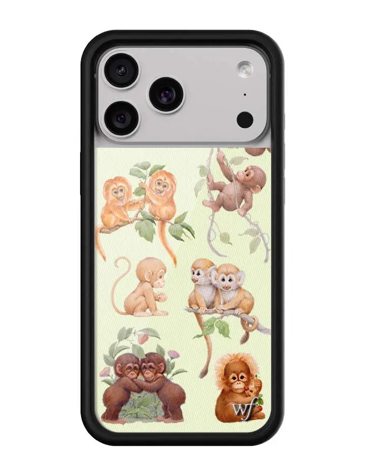 Monkey Biz | Limited Edition Trendy Collab iPhone Case | Raised Protective Black Bumper | Women Owned Small Business | Pastel Green Background Brown and Ten Monkeys Branches Leaves | Safety Casing Protective | Gift for Her