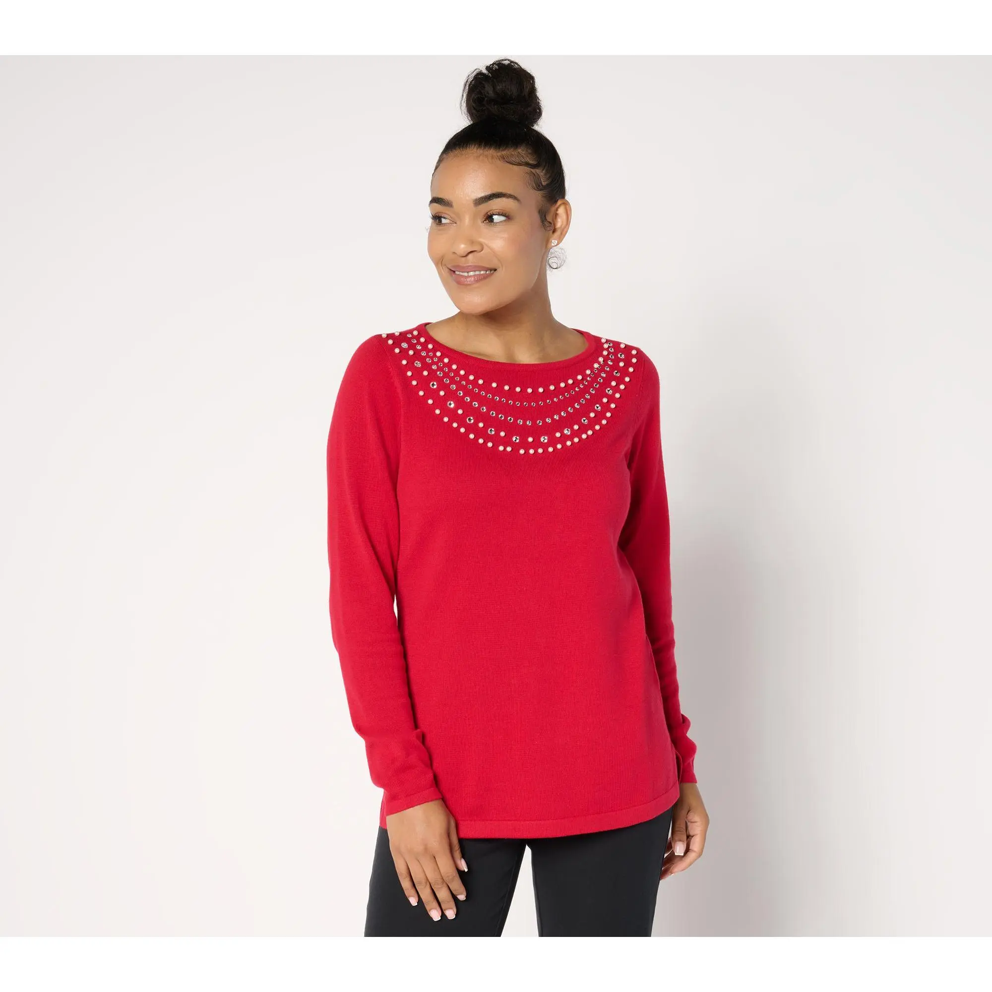 Quacker Factory Pearl and Rhinestone Necklace Long Sleeve Sweater