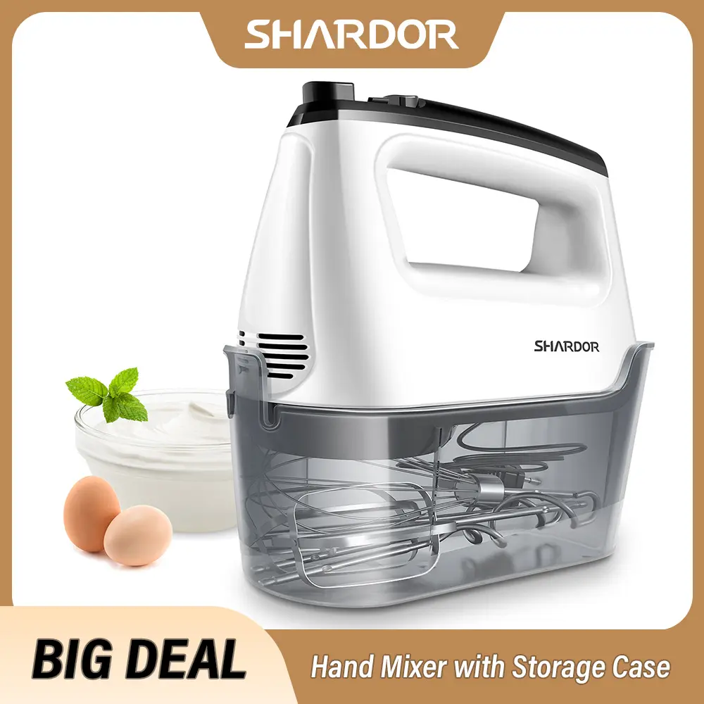 SHARDOR Compact Handheld Food Mixer - 6-Speed 250W Adjustable Kitchen Appliances with Turbo Power, Slow Start, Snap-On Case, 5 Stainless Steel Accessories (Whisk Included) - Small Footprint for Cookies, Cakes, Kitchen Mixer, Handheld Beverage Mixer