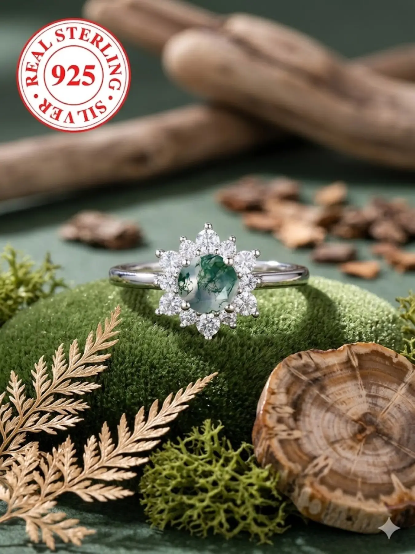 Elegant S925 Silver Ring with Round Aquatic Grass Agate Sunflower Design, Wedding Engagement Ring, Statement Ring, Perfect Engagement & Anniversary Gift, Includes Box