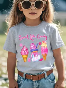 Girls' Sweet Like Candy T-Shirt, Cute Cartoon Print, Comfortable Soft Fabric, Summer, Fitted Style, Kids Clothing, Graphic Print Shirt, Graphic Tee Top