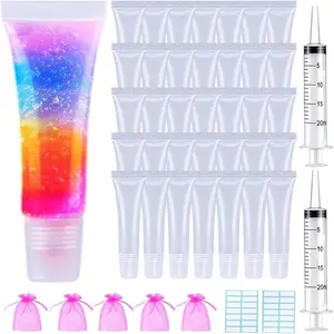 50PCS Lip Gloss Tubes 10ml Empty Lip Balm Containers Refillable Lipgloss Squeeze Tubes with 2 x 20ml Syringes 5pcs Organza Bags & Tag Labels Stickers for DIY Cosmetic Bottles Set