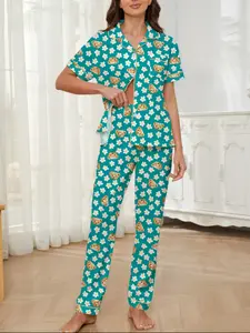 Women's Sleepwear Loungewear Set, Floral & Bear Prints, Elegant Casual, Comfortable Lapel Short Sleeve Top, Wide Leg Elastic Pants