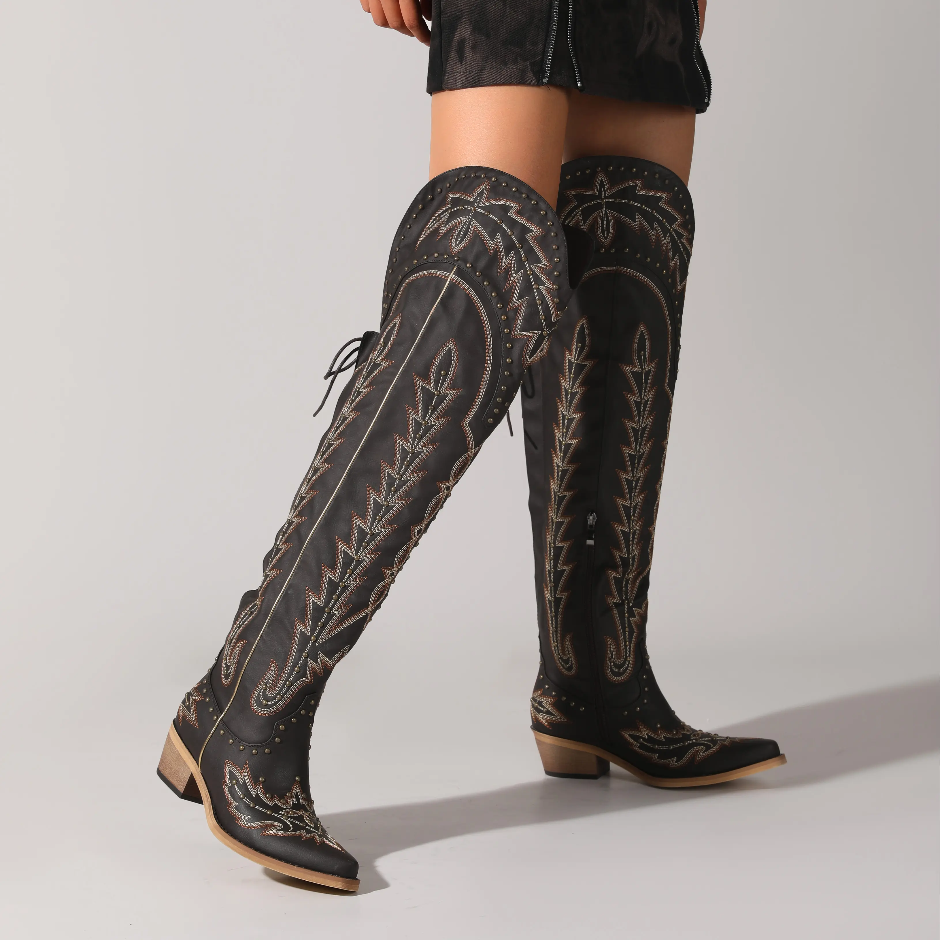 Denim Diva Women's Western Thigh-High Cowgirl Boots - Wide Calf, Lace-Up, Embroidery, Side Zipper, Chunky Heel, Heels Shoes, Western Wear, Heels Shoes For Women, Western Wear For Women