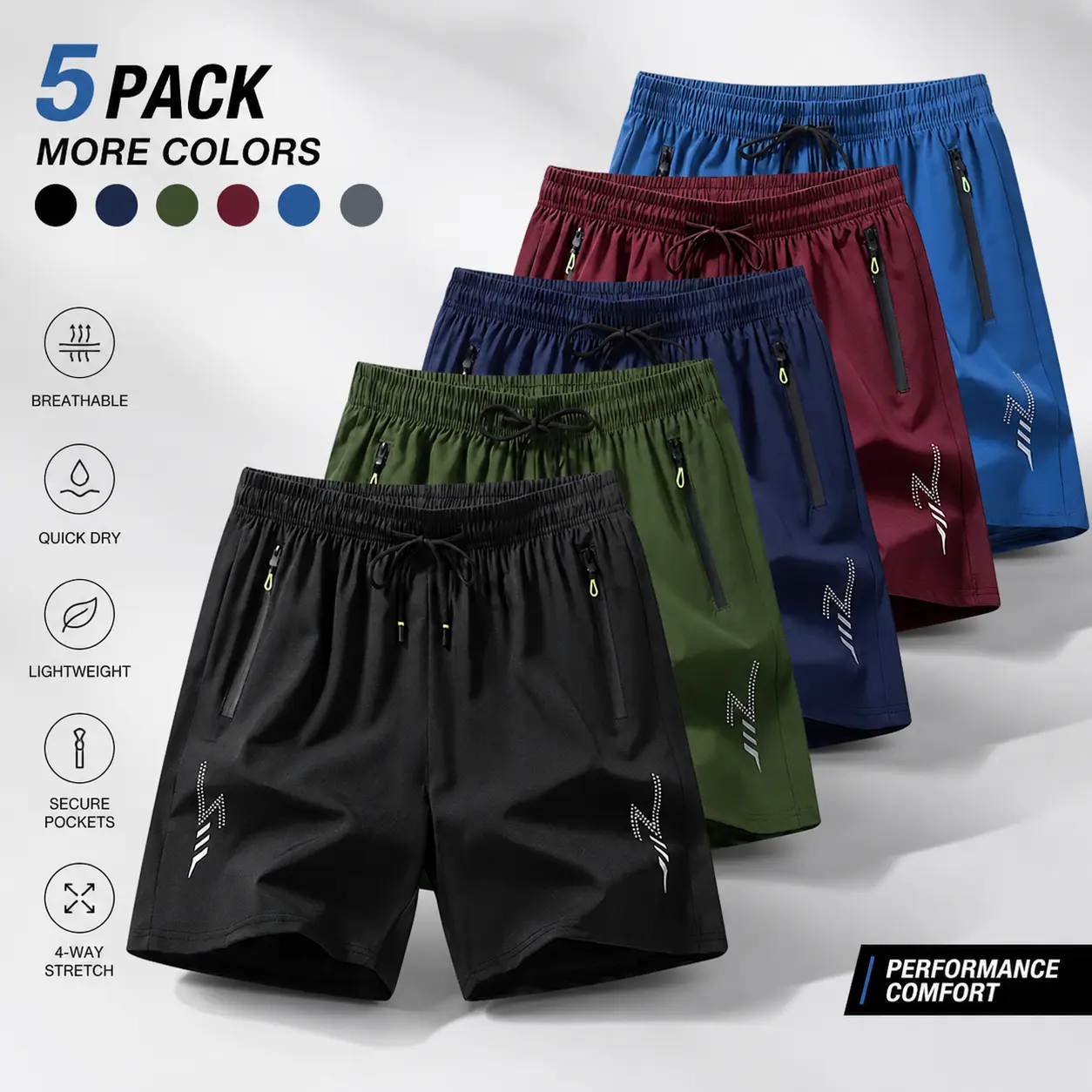 Men’s 3-Pack 5-Pack Quick-Dry Athletic Shorts, Breathable Solid Color Gym Shorts with Zipper Pockets & Drawstring Waist, Ideal for Summer, Outdoor Activities & Fitness Training