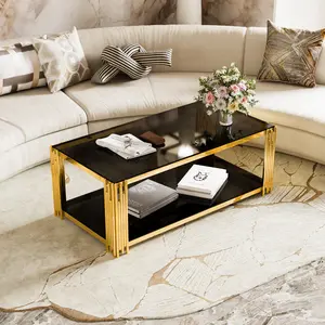 47.5" Modern Black Glass Mirror Coffee Table Set for Living Room Golden Rectangle Cocktail Table with Tempered Glass & Metal Base Gold Finish Lower Shelf Easy to Assemble and Clean Home Office Apartment