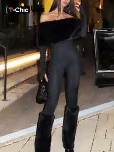 DOUCIU Basic Sporty Casual Tight-Fitting Sexy Hot Trendy Street Cool Women'S Thin Solid Color Fur Collar Spliced Off-Shoulder Long Sleeve Street Fashion Jumpsuit