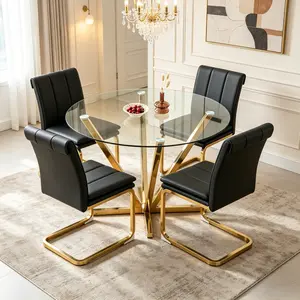 45.27" Round Glass Dining Table for 4-6, Modern Golden Tempered Glass Top Table with Metal Legs & Adjustable Feet, 320 lbs Weight Capacity, Easy Assembly for Dining Room Apartment