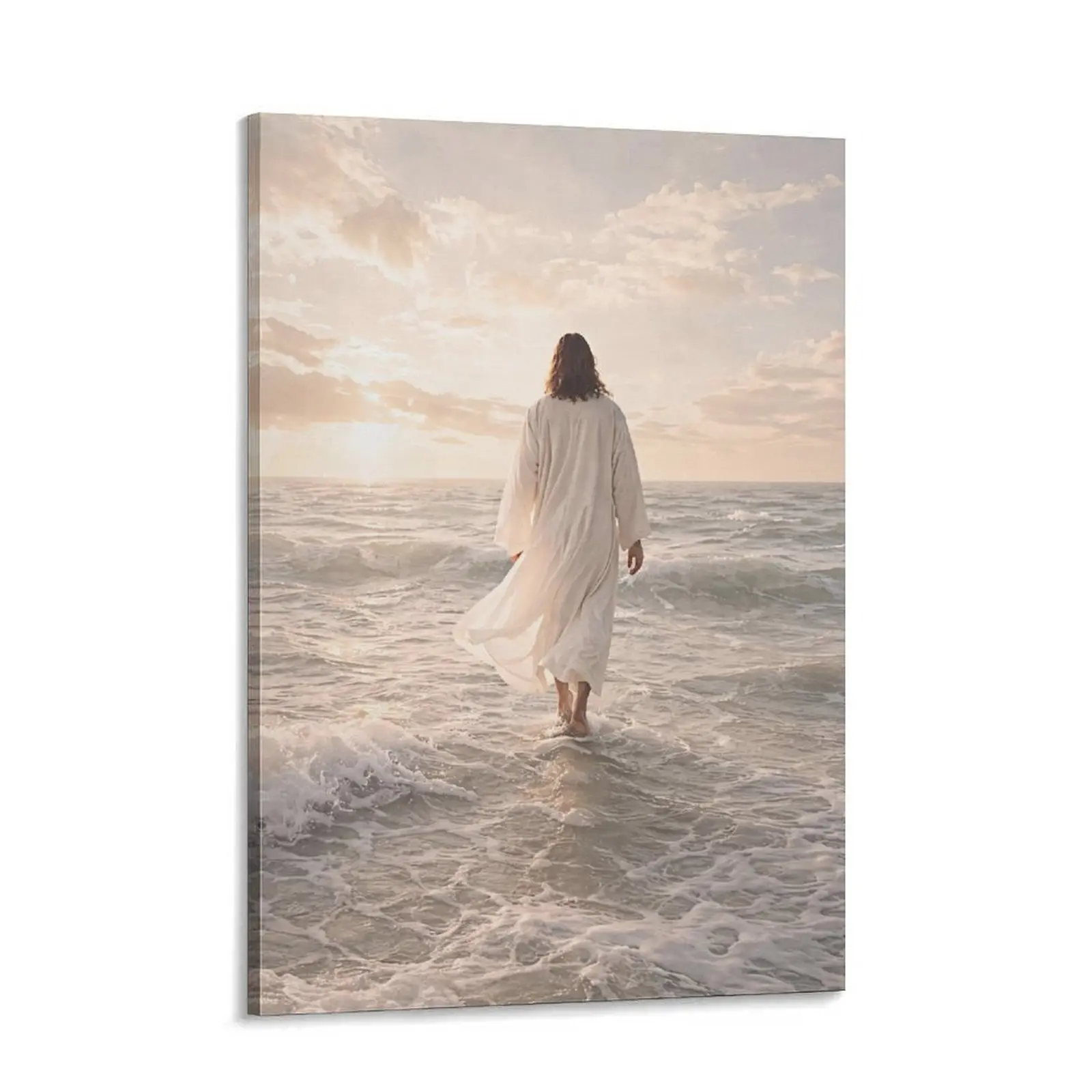 Jesus Walking on Water Canvas Wall Art, Christian Seascape Painting, Bible Faith Decor for Living Room, Prayer Room or Church Gift
