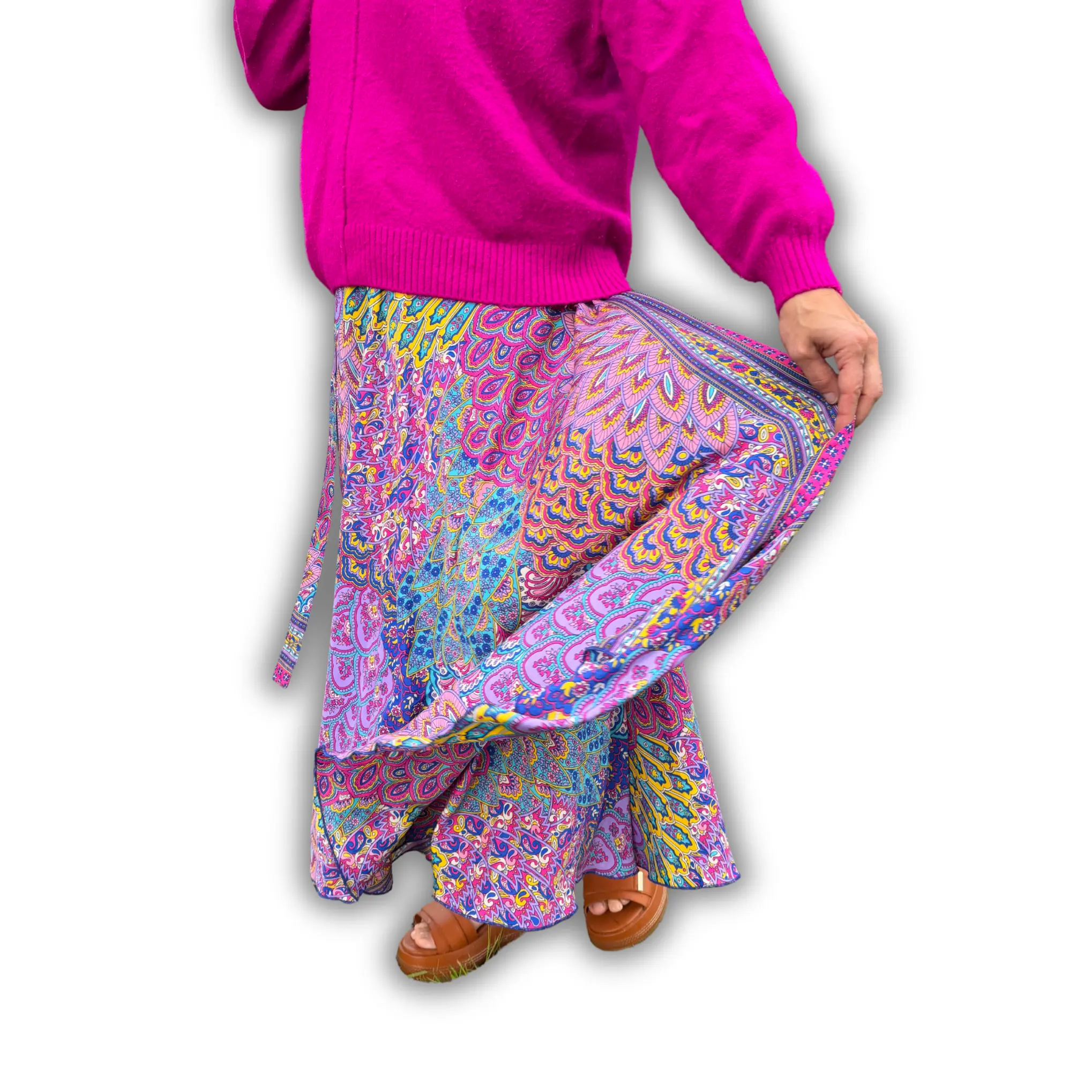 Women's Boho Wrap Maxi Skirt - Peacock Mandala Print, Adjustable Tie Waist, Flowy, Everyday Fit, Lightweight, Statement Style, Casual, Adjustable Strap