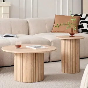 Round Nesting Coffee Tables Set Of 2, Boho Wood Circle Side Table Fluted Drum, Farmhouse End Table For Living Room Bedroom, Apartment