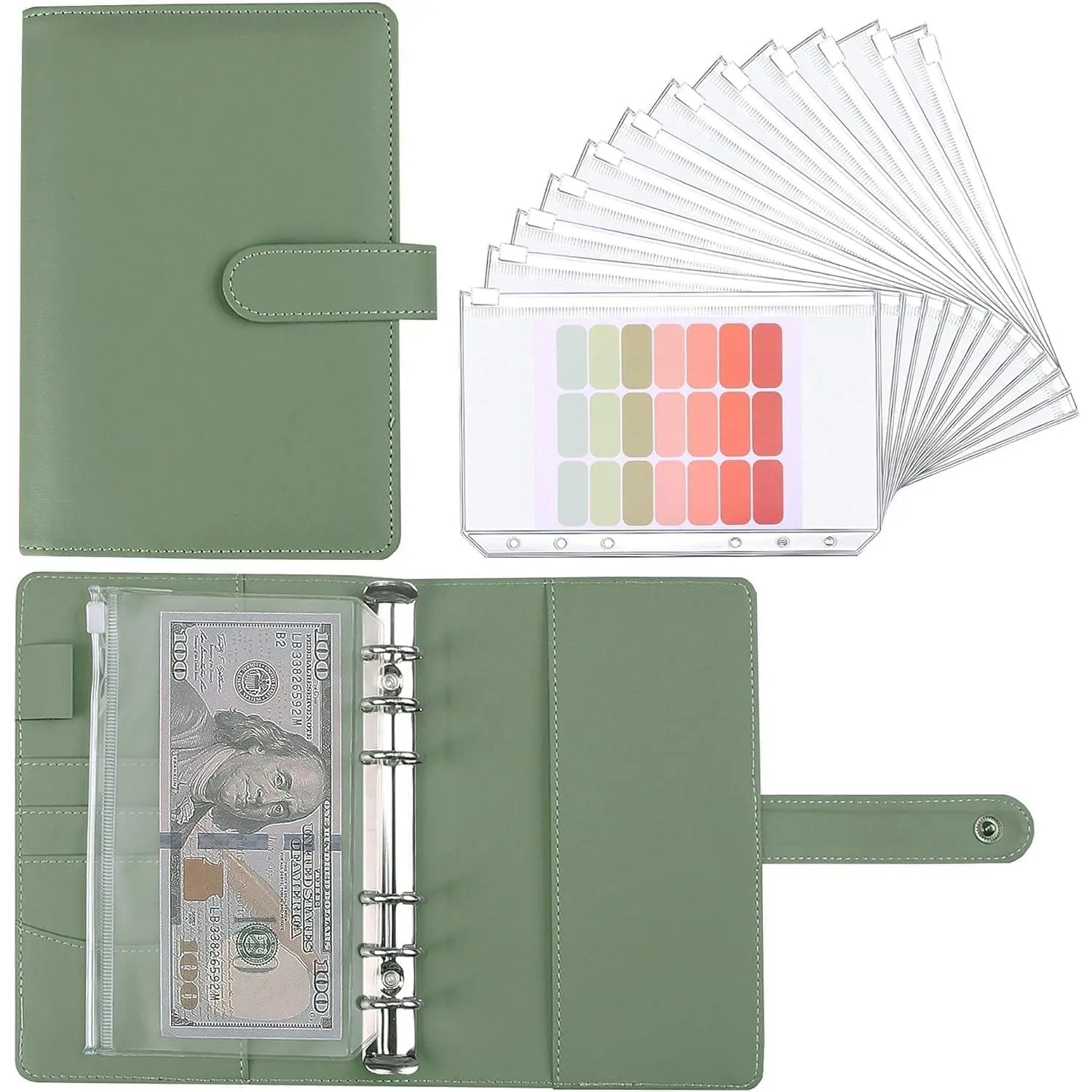 Saving Binder, Savings Challenges Book with for  Envelopes, 12 count Zipper Envelopes A6 Budget Binder, Budget Planner for Managing Budgets and Saving  -(Green-7.4IN)