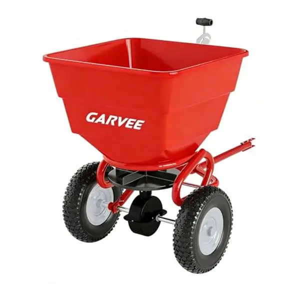 Gaomon Tow-Behind Broadcast Spreader, 130 Lbs Capacity Pull Lawn & Garden Spreader with 10" Tires, Adjustable Flow Control for Fertilizer, Seed, Salt, Ice Melt for ATV, Tractor (Red)