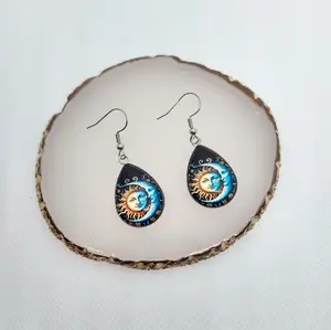 #438 Blue Crescent Moon with Golden Sun Earrings - Stainless Steel Hooks - Casual Everyday Celestial Jewelry
