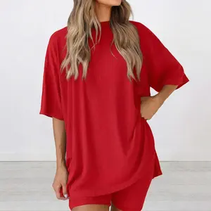 Women's 2 Piece Lounge Set - Oversized Short Sleeve Side Slit T-Shirt and High Waisted Biker Shorts Outfits - Summer Casual Pajamas Set