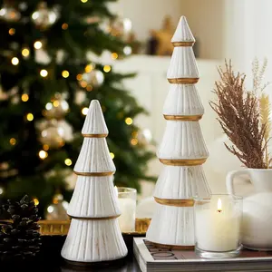 Christmas Tree Figurine Decor Tabletop White and Gold, Set of 2 Wooden Artificial Xmas Tree Decorations, Vintage Christmas Trees for Tables Centerpiece Home Farmhouse Mantel