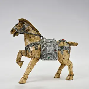 Chinese Bone Horse Sculpture | Flora and Gemstone-InlaidSaddle | Handcrafted Tessellated Design | Decorative Art Collectible | Unique