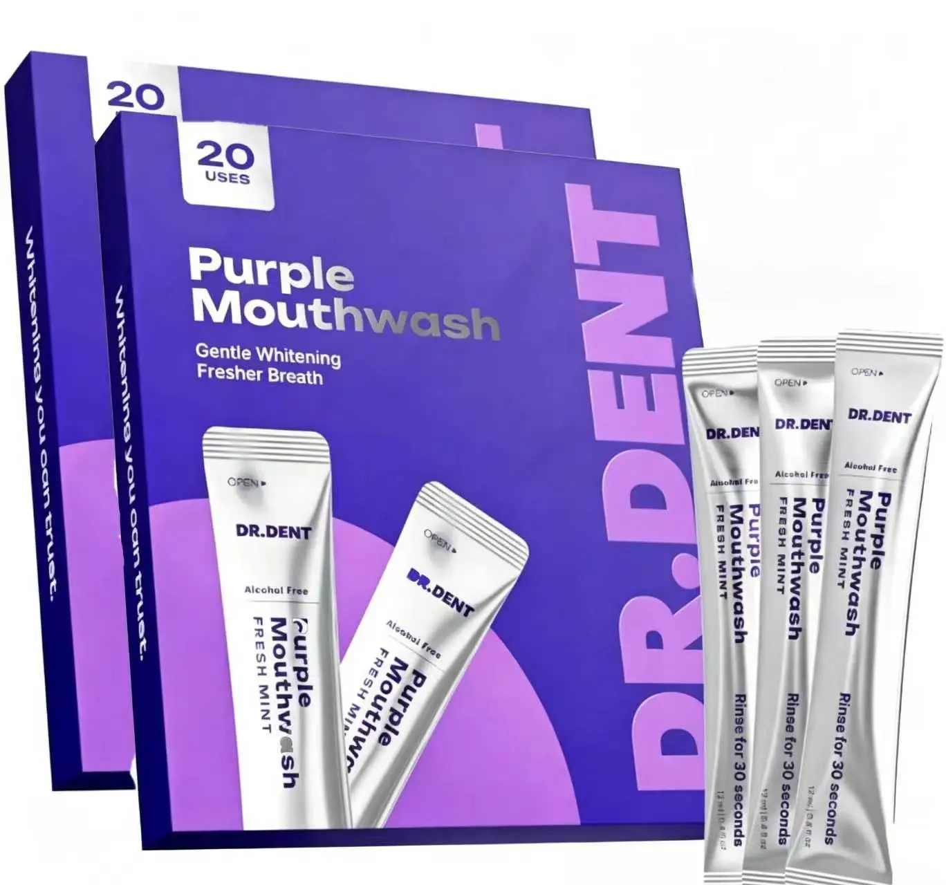 DR.DENT Purple Mouthwash - Sachets 20 Pack - Peroxide-Free - Alcohol Free - Vegan Mint