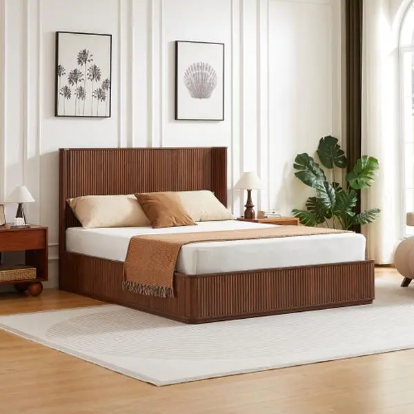 Bellemave wave pattern wood grain headboard platform bed frame, 44 inch high headboard large bed frame, modern minimalist style, easy assembly, no need for box springs