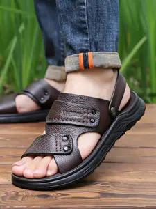 Men's Casual Leather Strap Flat Sandals, Adjustable Non-Slip Thick Sole, Breathable Durable, Suitable for Business, Daily, Outdoor Use