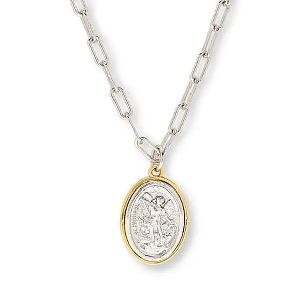 Bellezza Bronze St. Michael Round Pendant Drop 18" Chain Necklace
