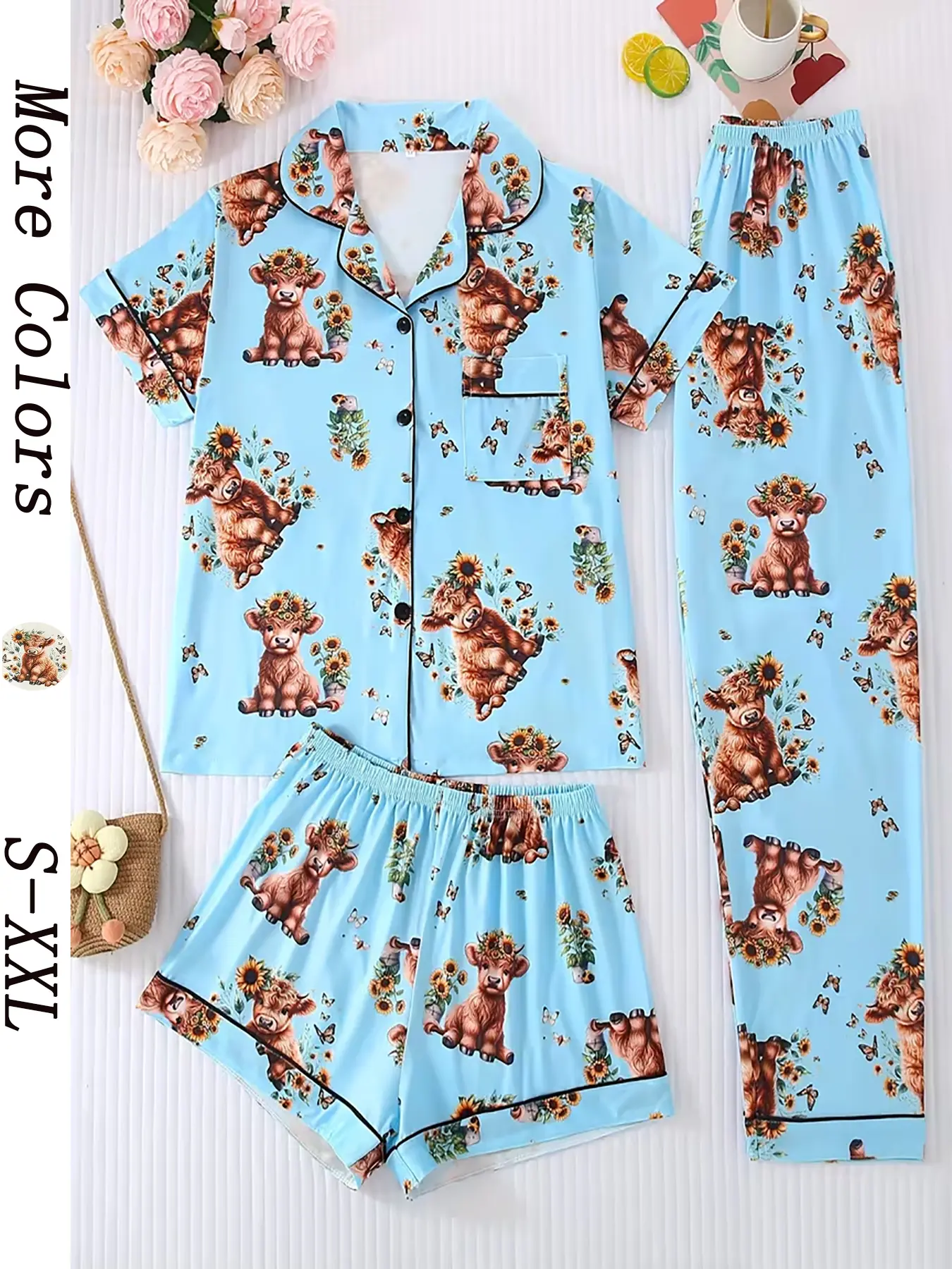 Women's Floral Sunflower Sleepwear Set, Casual Fitted Short Sleeve Top & Shorts with Pockets, All-Season Comfortable Homewear Loungewear, Elegant Ladies' Pajamas, Lounge Pajama Style