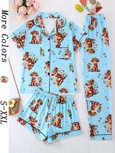Women's Floral Sunflower Sleepwear Set, Casual Fitted Short Sleeve Top & Shorts with Pockets, All-Season Comfortable Homewear Loungewear, Elegant Ladies' Pajamas, Lounge Pajama Style