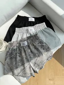 Ladies' vintage-style distressed and wilted tree branch all-digital printed and solid-colored casual loose shorts 3-piece set, elastic waist letter tag shorts, breathable sports shorts for summer casual comfort, women's daily wear shorts for ladies