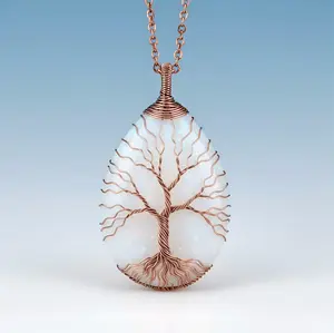 Elegant Tree of Life Pendant Necklace Blue Water Drop Stone and Copper Wire Braided Fashion Amulets for Daily Wearing and Party