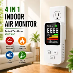 Portable 4-in-1 Indoor Air Monitor DM340A, Large Color Display, Real-Time Air Monitor with Natural Gas & Temperature Humidity Sensor, Audible & Visual Alarm for Home, Bedroom, Kitchen