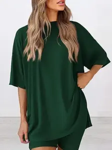 Women's Solid Color T-Shirt and Tight Shorts Lounge Set, Leisure Wear Top, Casual Comfortable Round Neck Sleepwear for Summer, Features Pockets and Suitable for Outdoor Wear