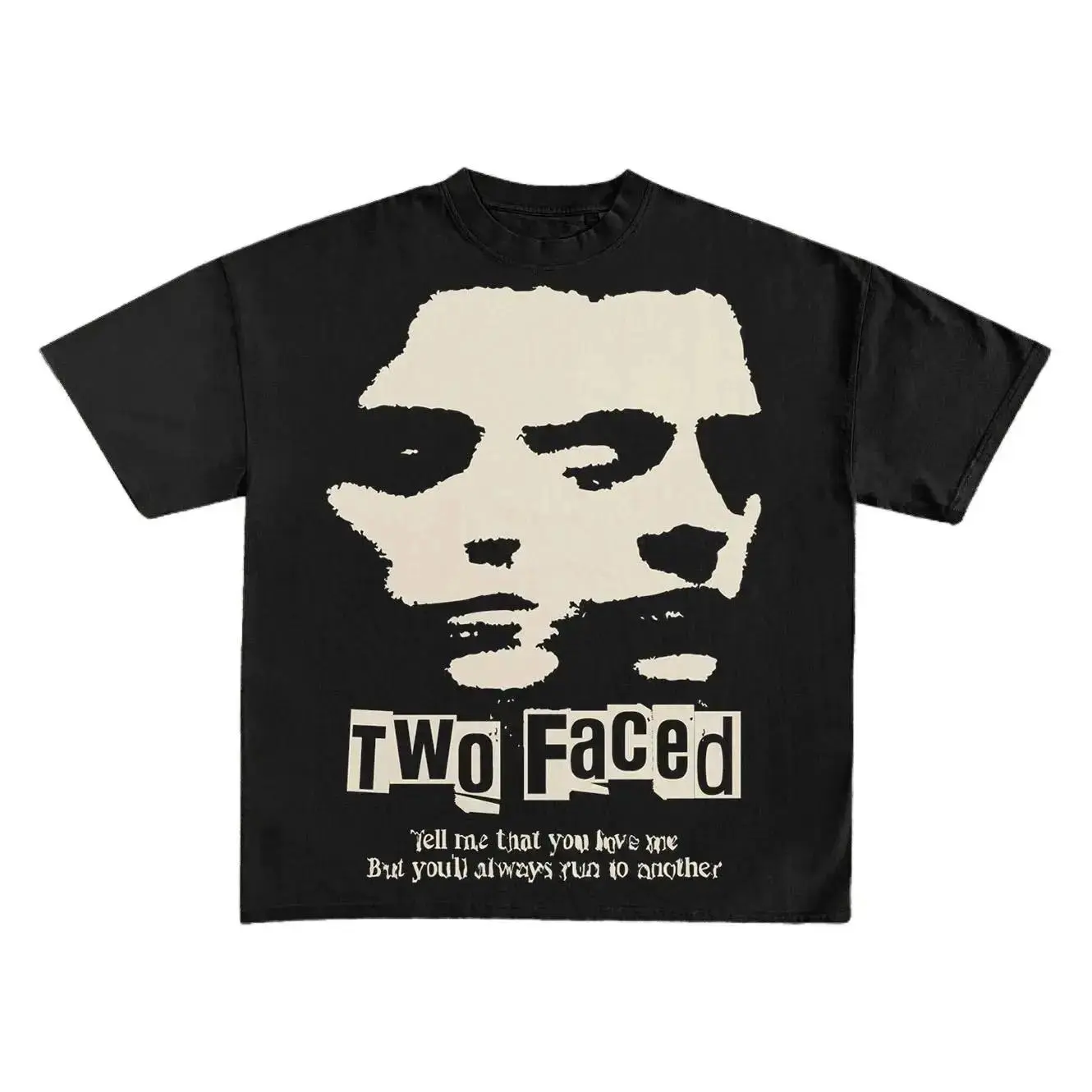 Unisex "Two Faced" T-Shirt Vintage Punk Overlapping Faces Design "Tell Me That You Love Me" Lyric Graphic Tee Casual Oversized Crew Neck Top Retro Emo Streetwear For Breakup, Toxic Relationship & Alternative Style Lovers