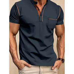 Men's Short-Sleeve Henley Top - 2024 Summer Athletic Style Activewear, Soft Polyester Top, Casual European & American Outdoor Sports Shirt, Standard Sizes