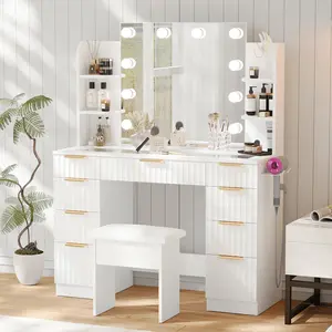 VOWNER Modern Vanity Desk with Mirror and Lights Makeup Vanity Desk with Drawers and Storage Shelves & Power Outlet Hair Dryer Rack Dressing Table with Glass Top