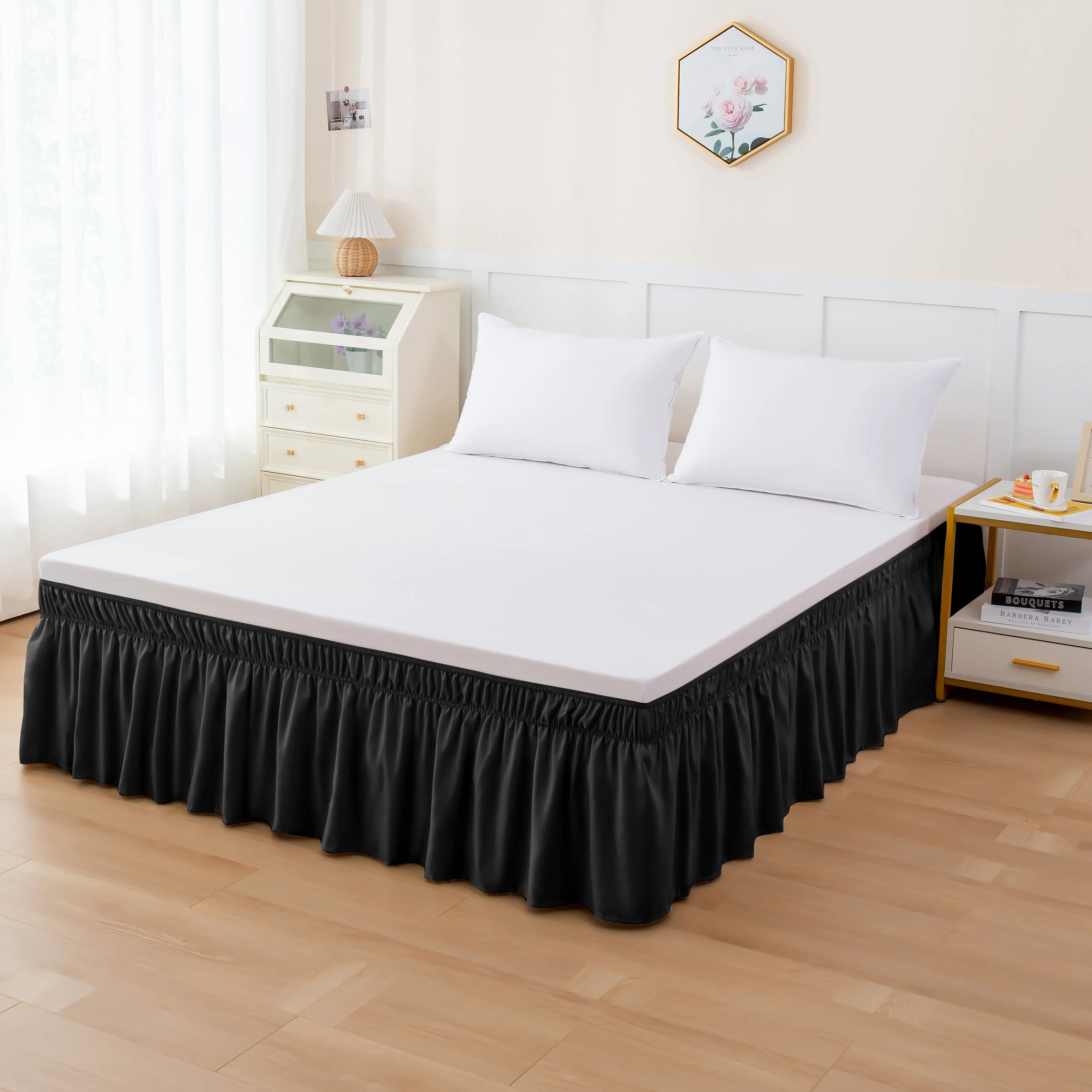 Mocassi 1-Piece Hotel Premier Ruffled Bed Skirt, 16in Wrap-Around Elastic Style for Snug Fit, Bedroom Home Accessories
