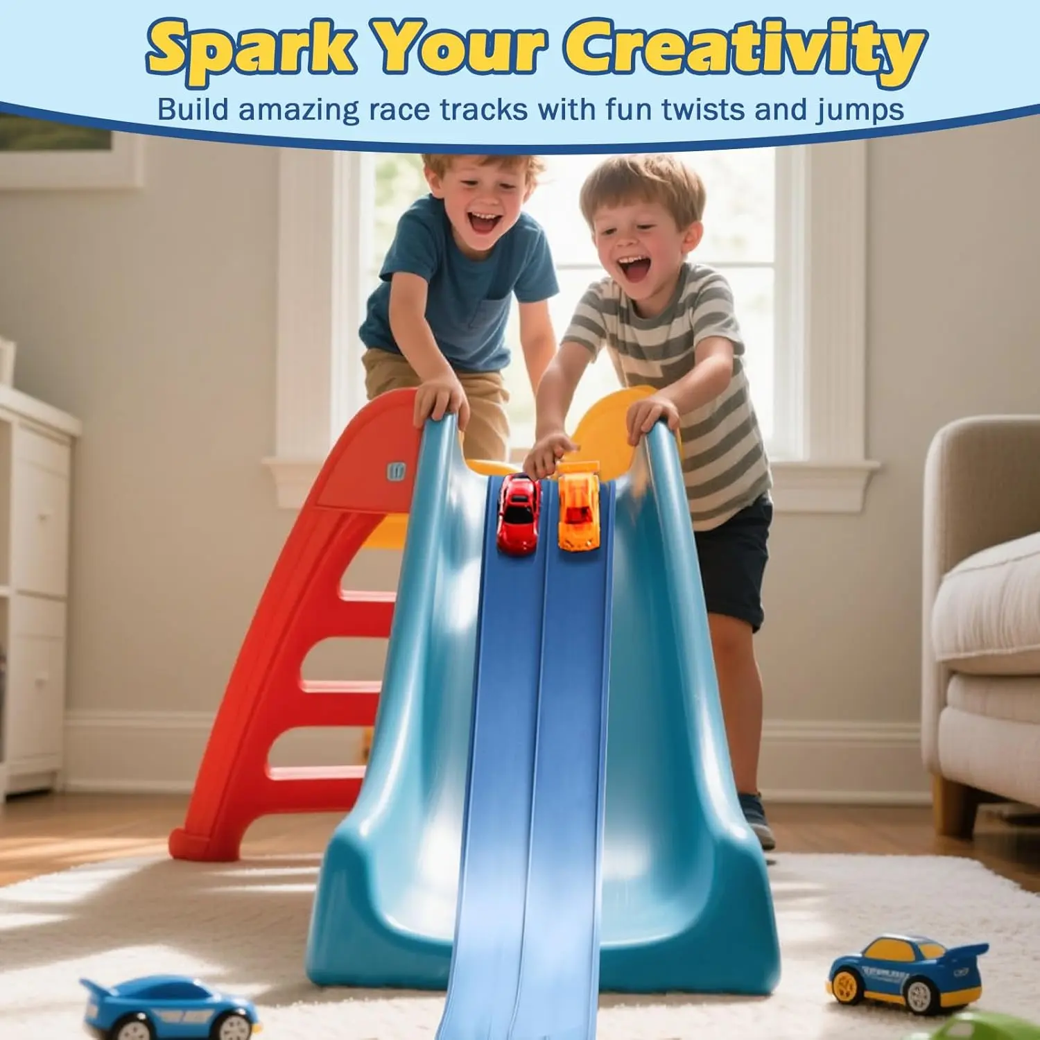 Flex Tracks 15 Ft Starter Set Flexible Race Track for Kids 3+, Flexible Car Track Race Car Ramp Track Compatible with Diecast 1/64th Cars, Portable Rolls Up Race Tracks with Strong Suction Cups