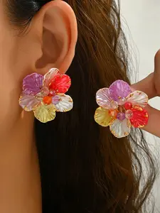 French Vintage Elegant Camellia Flower Earrings, Acrylic Colorful Floral Studs, Retro Style Jewelry for Women, Fashion Accessory, All Season Wear, Vintage Charm