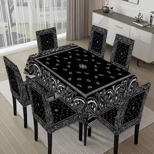 5/7-piece 2D Flat Printing Black and White Geometric Patterns Printing Pattern Tablecloth and Chair Cover Set, for dining table and chair decoration, perfect for home, holiday gatherings, restaurants, and parties, Chair Covers Set