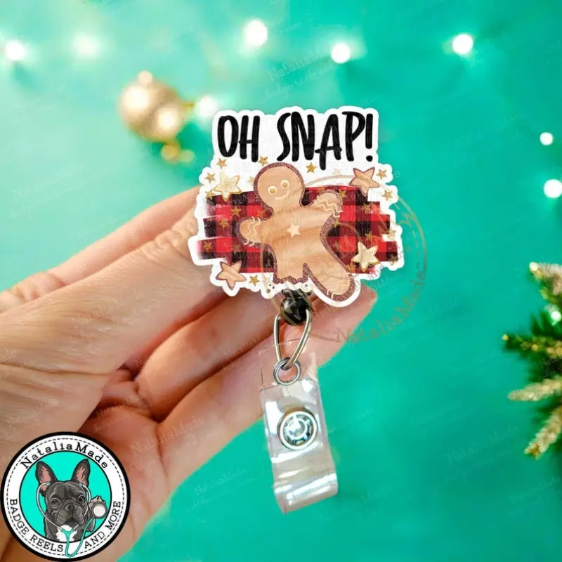 Funny Holiday Retractable Badge Reel, Oh Snap Gingerbread Man ID Name Holder, Heavy Duty Reel, Lanyard, Carabiner, MRI Safe, Gift under 15