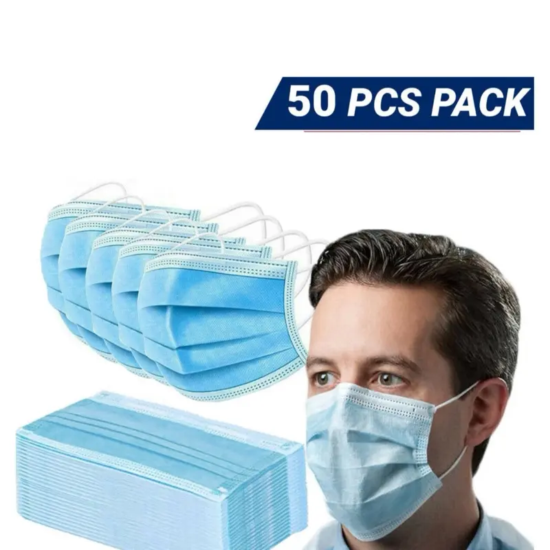 Medical Grade Blue 50 Pcs Disposable Face Mask 3 Ply Ear Loop Mouth Cover for Hygiene and Safety