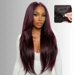 UNice Glueless Black Cherry Layered Straight Wig with Drawstring Pre-cut 7x5/13x4 HD Lace Frontal Human Hair Wigs with Invisible Knots Beginners Friendly