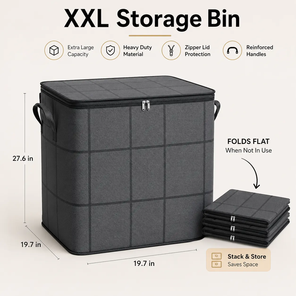 XXL Foldable Fabric Storage Bin with Zipper Lid, Reinforced Handles - Home Organizer for Bedding, Clothes, Closet