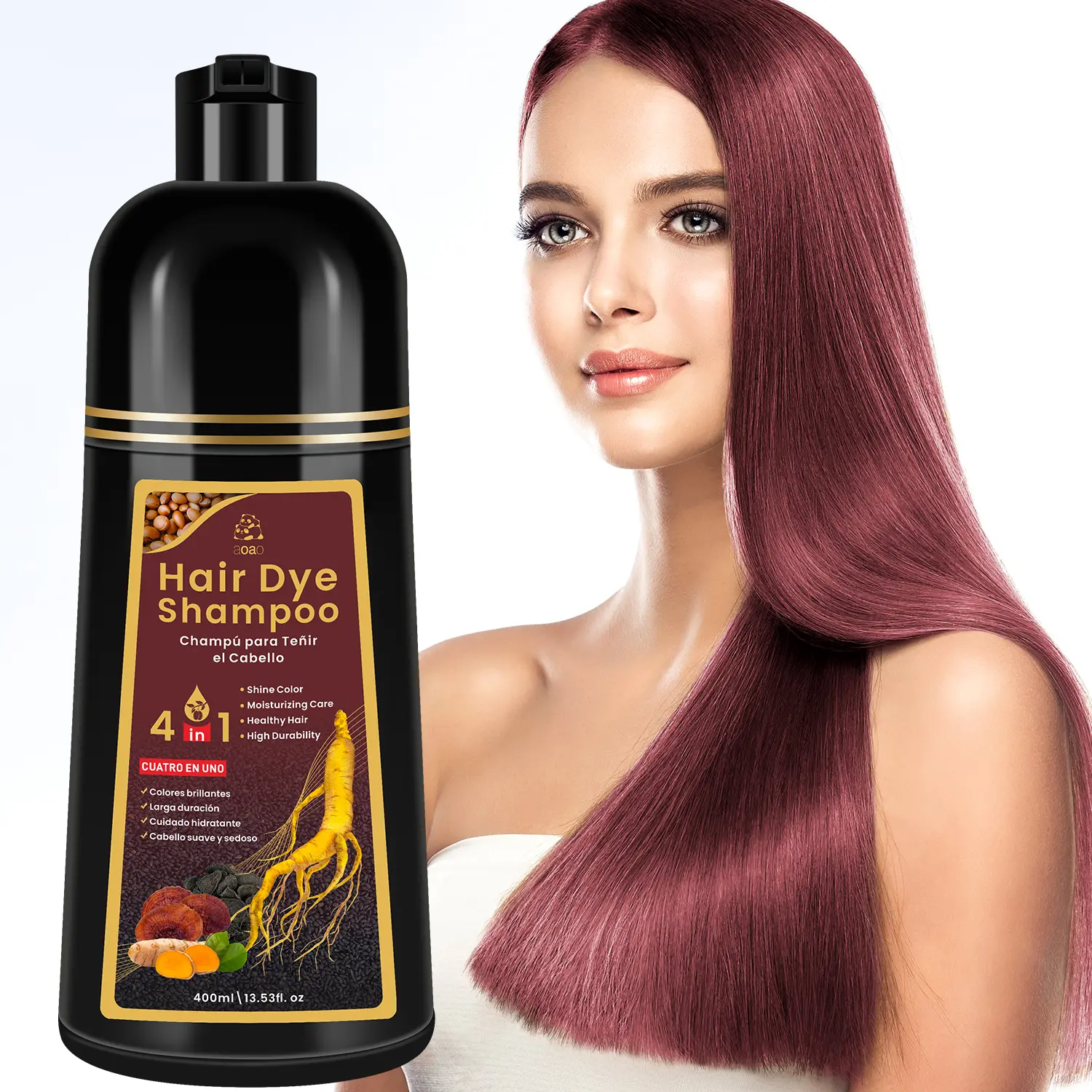 AOAO Burgundy 4-in-1 Plant-Based Hair Dye Shampoo, Haircare Cleanser & Conditioner with Ginseng - Smooth Shine, Moisturize, Strengthen, Long-Lasting Color for Gray Coverage & Dry Hair, Frizz, Herbal, Moisturizing, Nourishing