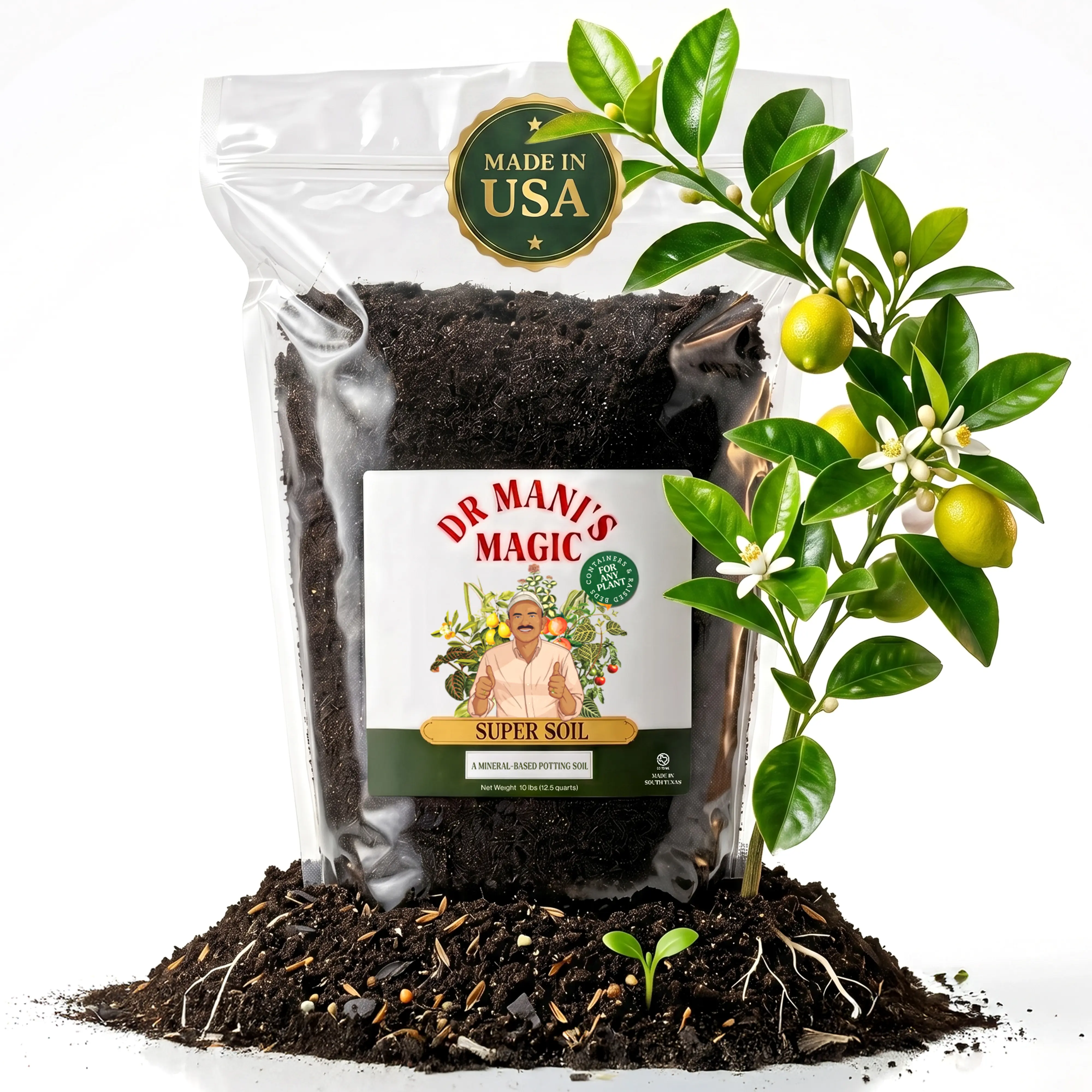 Super Soil | Dr Mani's Magic | 10-lb (12.5 qt) | Real South Texas Sandy Loam, Live Microbes, Natural Mineral Potting Mix, Indoor Outdoor Container Gardening