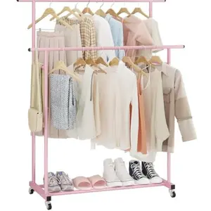 Double Rod Clothing Garment Rack,Rolling Hanging Clothes Rack,Portable Clothes Organizer for Bedroom,Living Room,Clothing Store,Pink