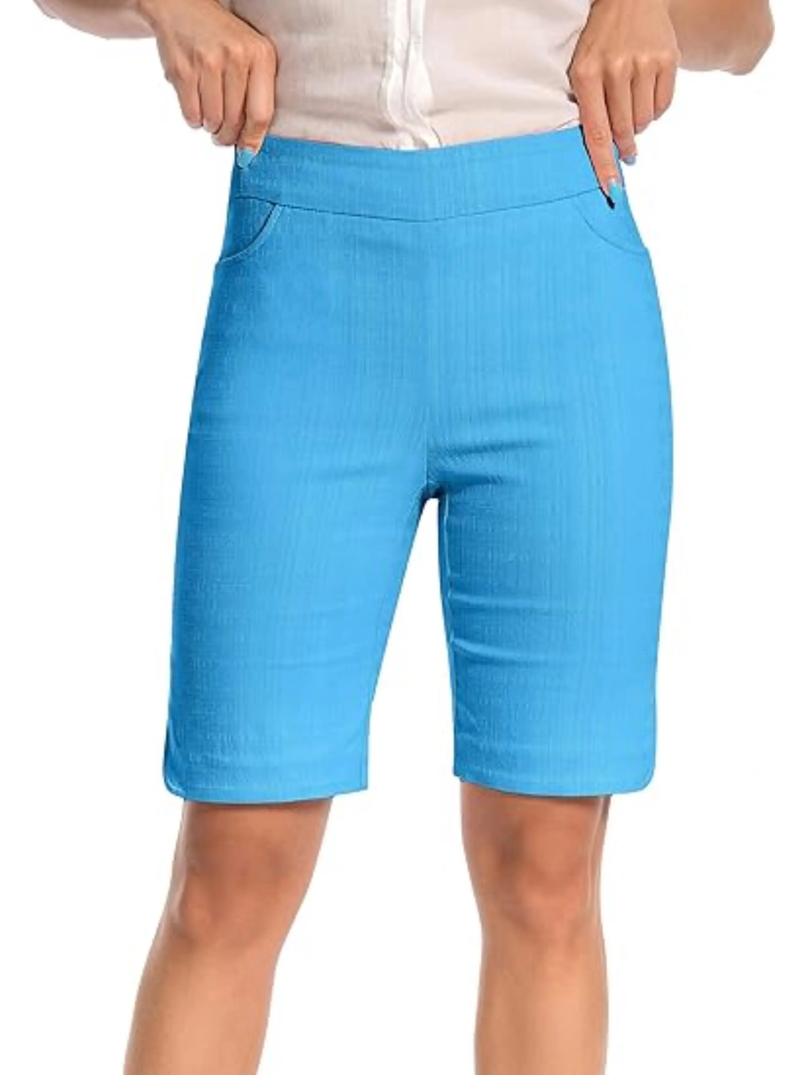 Petite High-Waisted Stretchy Work Shorts – Tulip Hem Dress Style with Pockets, Solid Color, Office to Casual